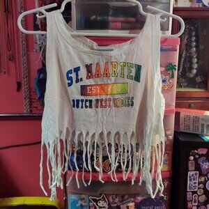 White with rainbow text tassled bottom crop tank top